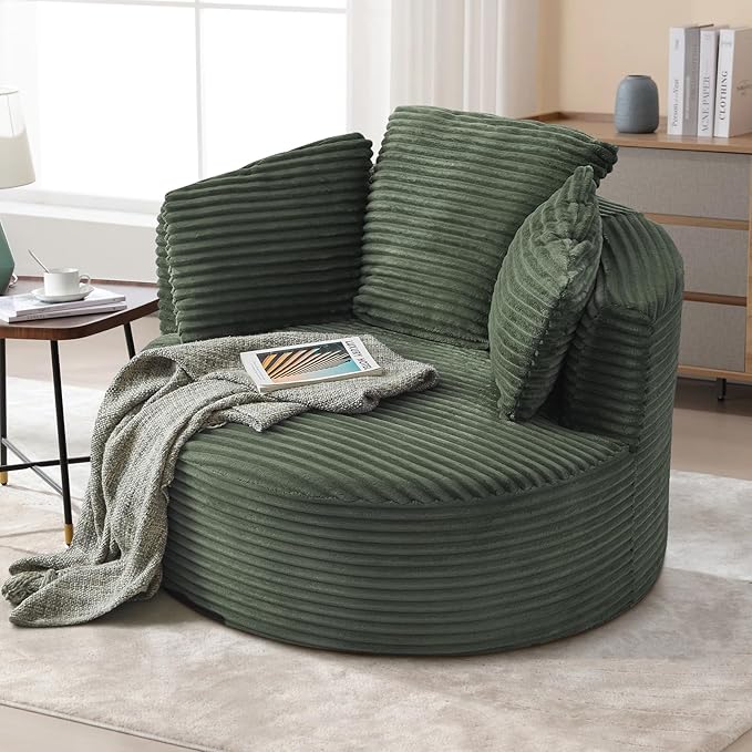 Antetek 48.8-inch Round Chair Modern Accent Corduroy Comfy Deep Seat Boneless Foam Floor Single Circle Chaise Sofa Chair with 3 Pillows for Living Room Bedroom Office No Assembly Required Green