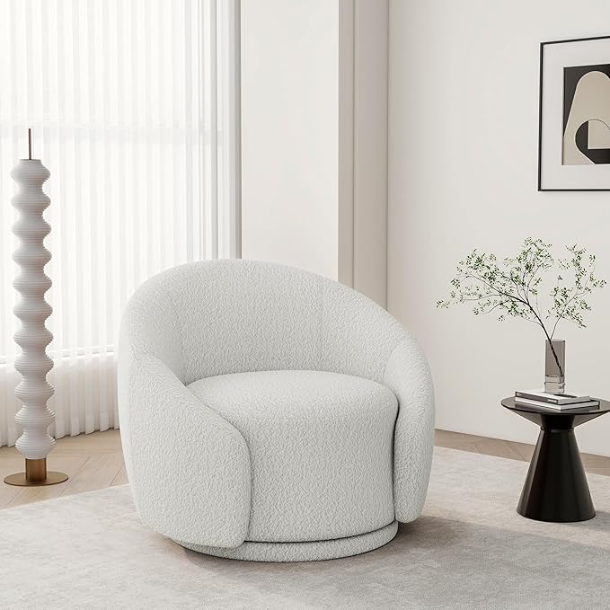Swivel Barrel Accent Chair 360° Small Round Sofa Chair Comfy Modern Reading Armchair for Living Room Bedroom (Boucle White Set of 2)