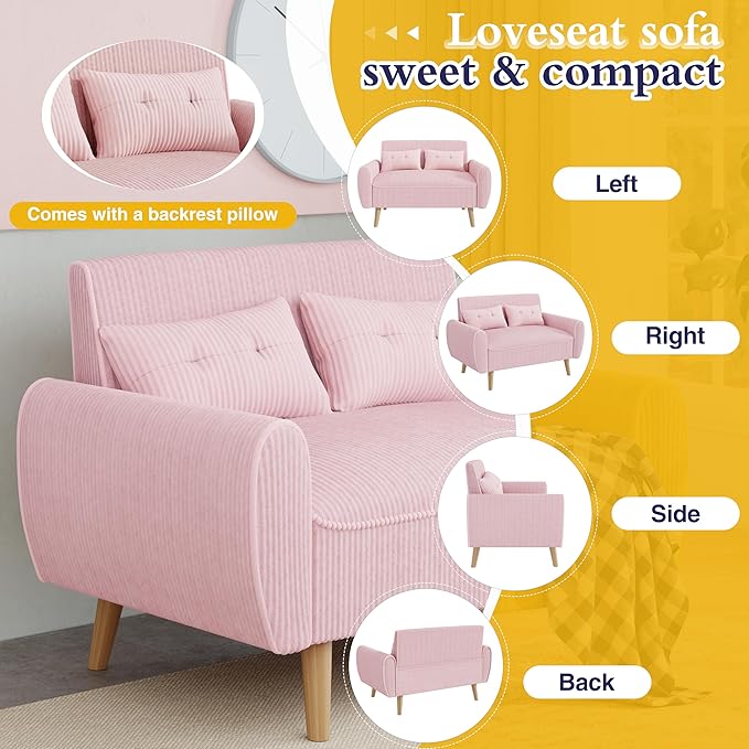 JAMFLY Pink Loveseat Sofa 47.2'' Modern Small Space Sofa Set High Density Sponge Linen Wood 350 lbs Capacity