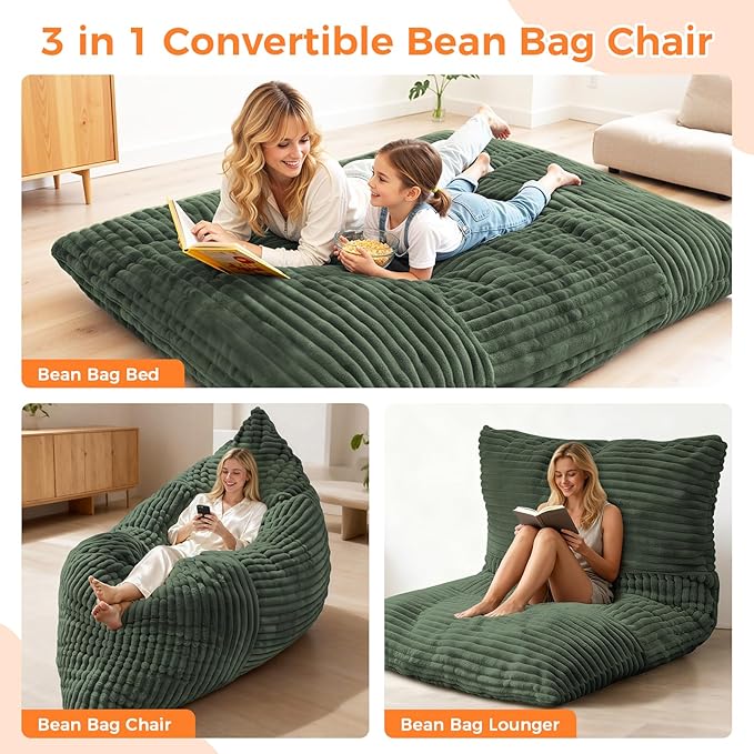 3 in 1 Giant Bean Bag Chair Convertible Bean Bag Bed for Adults and Kids Oversized Comfy Memory Foam Floor Sofa with Machine Washable Cover for Living Room Bedroom &amp Dorm(Green)