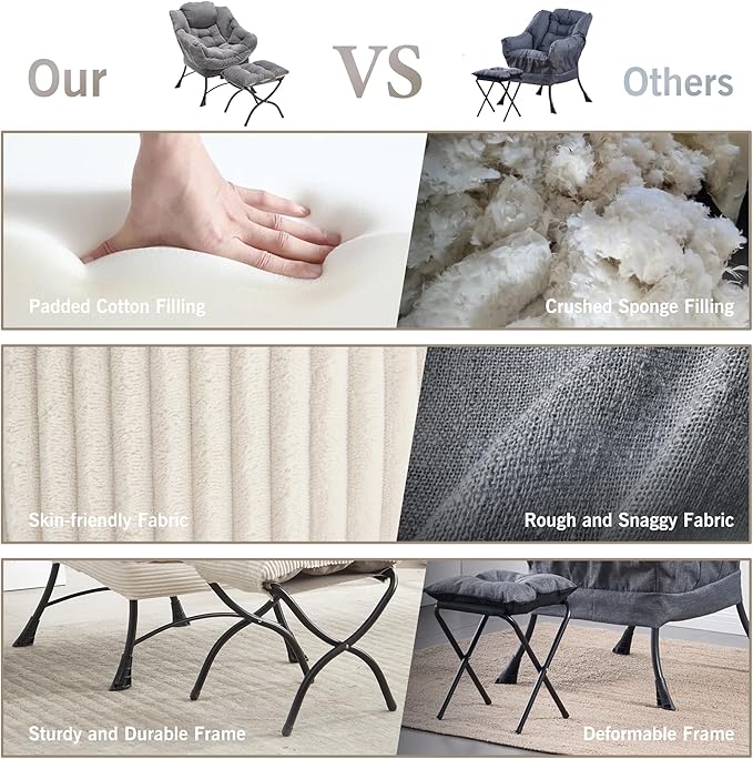 HOMEFUN Lazy Chair with Ottoman Bedroom Chairs for Adults Modern Lounge Accent Chair with Armrests Ergonomic Footrest for Small Spaces Comfy Reading Chair for Living Room Bedroom Office White
