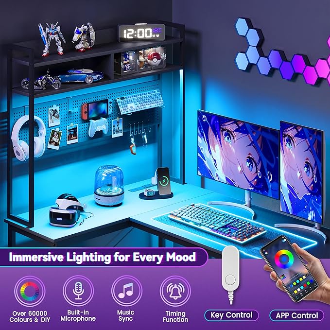Apicizon L Shaped Gaming Desk 53 Reversible Corner Computer Desk with LED Lights Carbon Fiber Surface Pegboard with Hooks Drawer &amp PC Tower Stand USB Charging Port