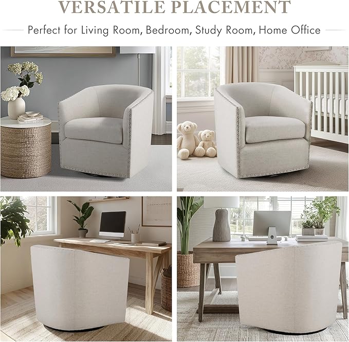 Madison Park Swivel Barrel Accent Chair Upholstered Curved Back with 7-Inch Thick Woven Cushion 360° Swivel Nailhead Trim Comfy Chair for Living Room Bedroom Office 28 Wide Neutral Tyler