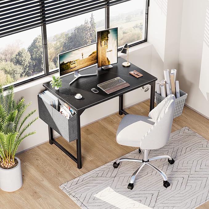 Sweetcrispy Small Computer Office Desk 40 Inch Kids Student Study Writing Work with Storage Bag &amp Headphone Hooks Modern Simple Home Bedroom PC Table - Black