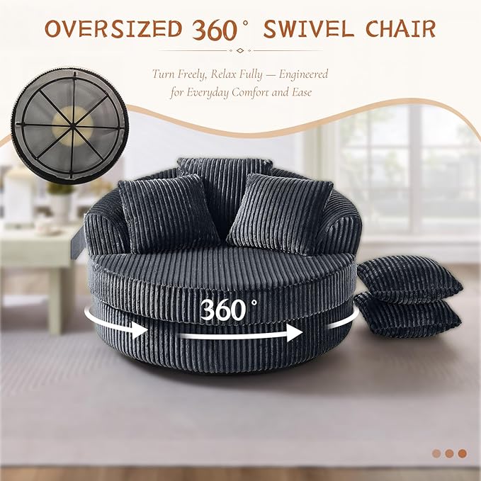 360 Degree Oversized Swivel Chair 50 Round Lounge Chair Modern Accent Circle Chair W/ 5 Pillows Upholstered Corduroy Sofa Chair for Living Room Bedroom Apartment Grey