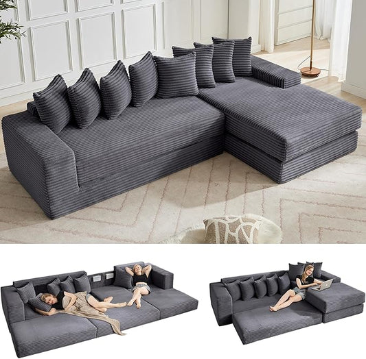 L Shaped Modular Cloud Couch with 8 Pillows Modern Corduroy Boneless Sectional Sofa with Large Chaise for Living Room Office Studio Flat Right Facing Chaise Compressed Sofa (Dark Grey)