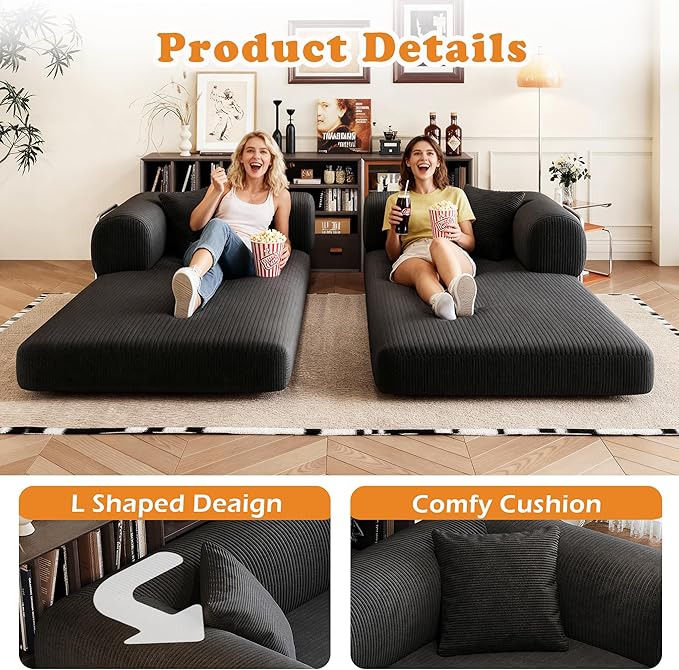 4-in-1 Corduroy Convertible Sleeper Sofa Bed 78.8 Boneless Couch with Pull-Out Bed No Assembly Required Futon Loveseat Floor Mattress with Stainless Fixed-Shape Frame for Living Room (Black) | Clo