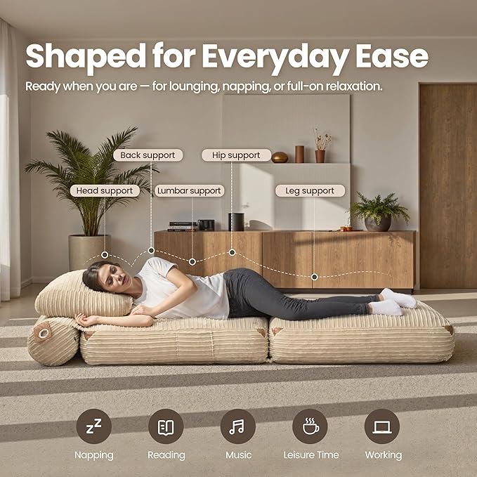 ovios Folding Sofa Bed Foldable Sleeper Chair Floor Futon Comfy Portable Convertible Fold Out Lounge Chairs for Living Room Bedroom Beige