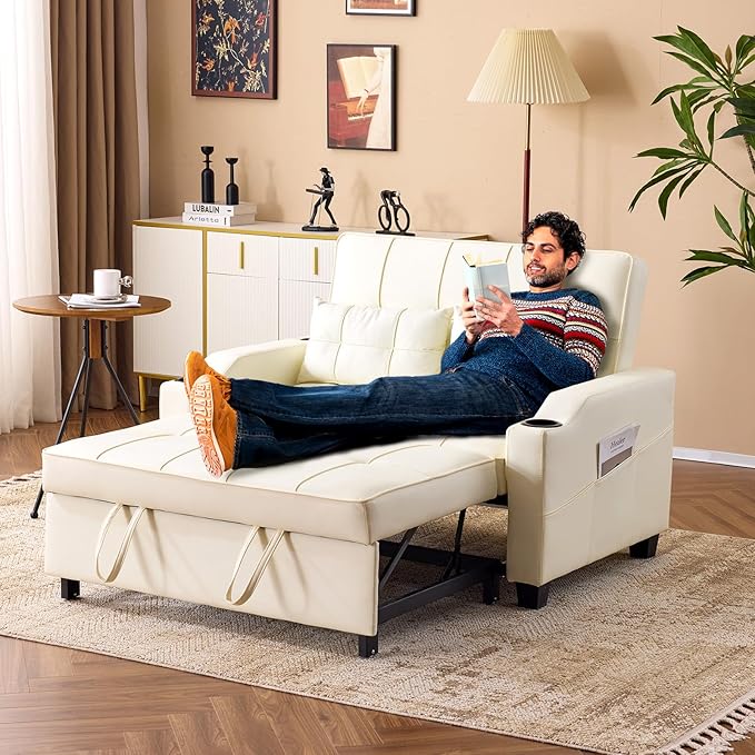 VINGLI Beige Futon Sofa Bed Convertible Loveseat Sleeper Couch Faux Leather Pullout Sofa Fold Out Couch Bed with USB Ports Cup Holders Armrest for Living Room Bedroom Apartment Room
