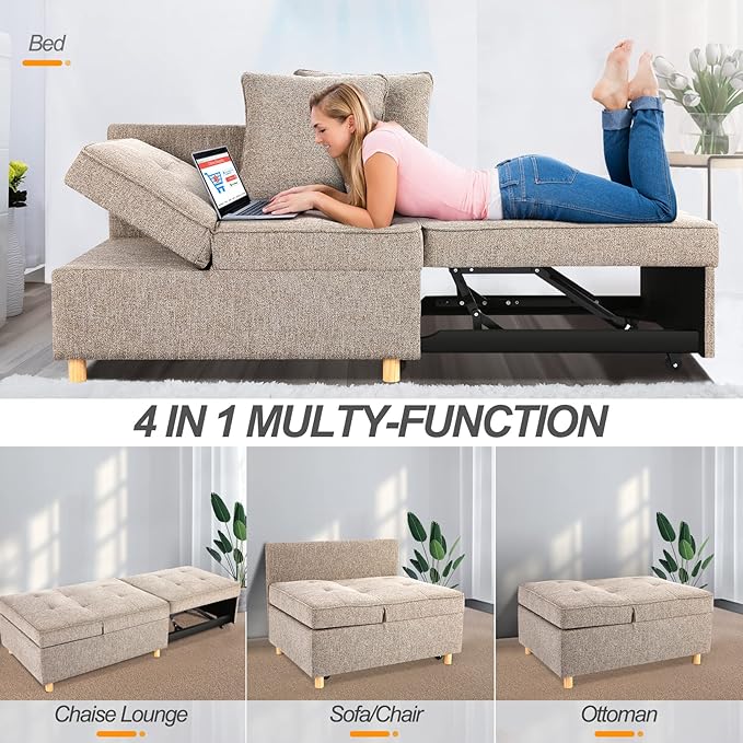 SEJOV Sofa Bed Chair 4-in-1 Convertible Chair Bed 3-Seat Linen Fabric loveseat Sofa with 2 Throw Pillow Single Recliner for Small Space with 5 Adjustable Backrest Brown Grey