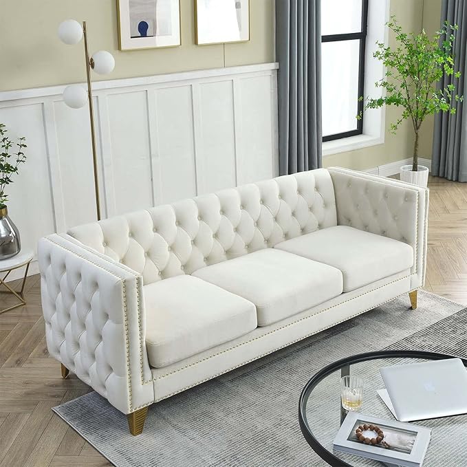 Antetek Comfy Upholstered Couches for Living Room 80-inch Modern Button Tufted 3-Seater Sofa w/Square Arm 4 Golden Metal Legs and Gold Nail Heads for Living Room Office Apartment Beige