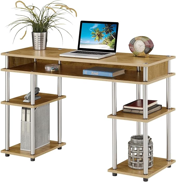 Convenience Concepts Designs2Go No Tools Desk Home Office Desk with Shelves Corner Shelf Vanity Desk Computer Desk Nail Table for Nail Tech - 47.25 L x 15.75 W x 30 H English Oak