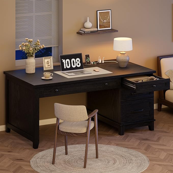 GAOMON 54.5in Wooden Executive Desk with Drawers Office Desk Computer Table with Charging Station Farmhouse Home Office Desk with File Cabinet Storage for Study and Home Office Rustic Black