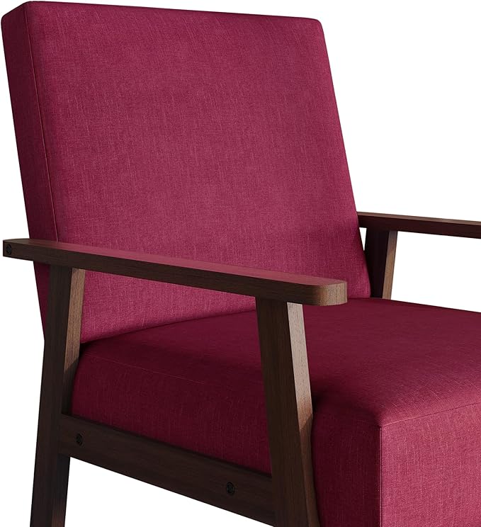 Mid-Century Modern Accent Chair Linen Upholstery Wooden Armrests Cushioned Seat Easy Assembly Pink