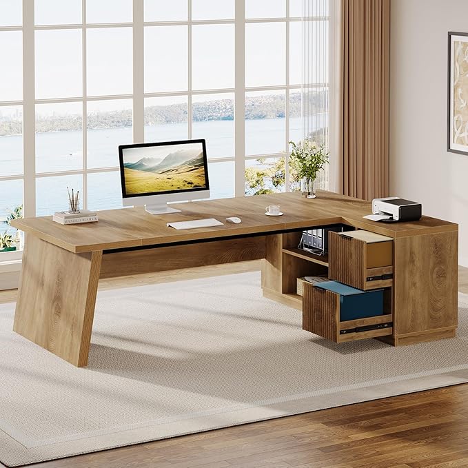 Tribesigns 77.9-inch Executive Desk with 2 Drawers Large L Shaped Computer Desk with Storage Cabinet and Shelves Business Furniture Workstation for Home Office (Light Brown)