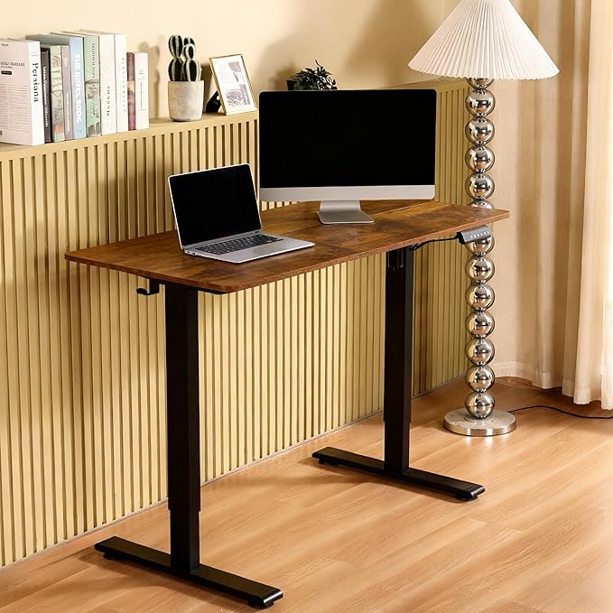 55x24 Standing Desk Height Adjustable Electric Stand up Desks for Home Office Computer Sit Stand Desk with Two-Piece Desktop with Gap 3 Memory Presets T-Shaped Metal Support Brown