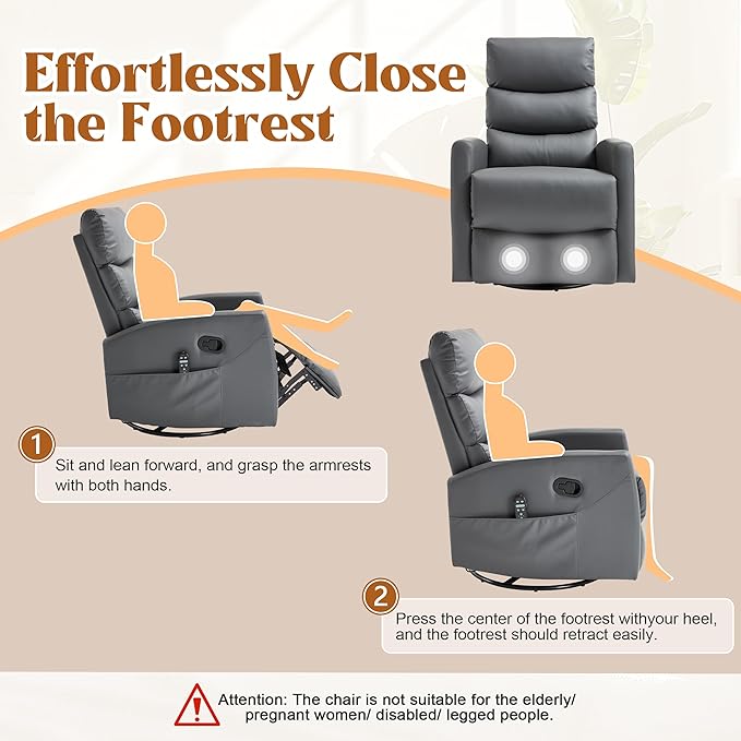 Manual Swivel Rocker Recliner Chair for Adults Overstuffed Reclining Glider Chair for Nursing with Vibration Massage &amp Heat Living Room Rocking Recliner 3-Stage backrest Faux Leather Gray