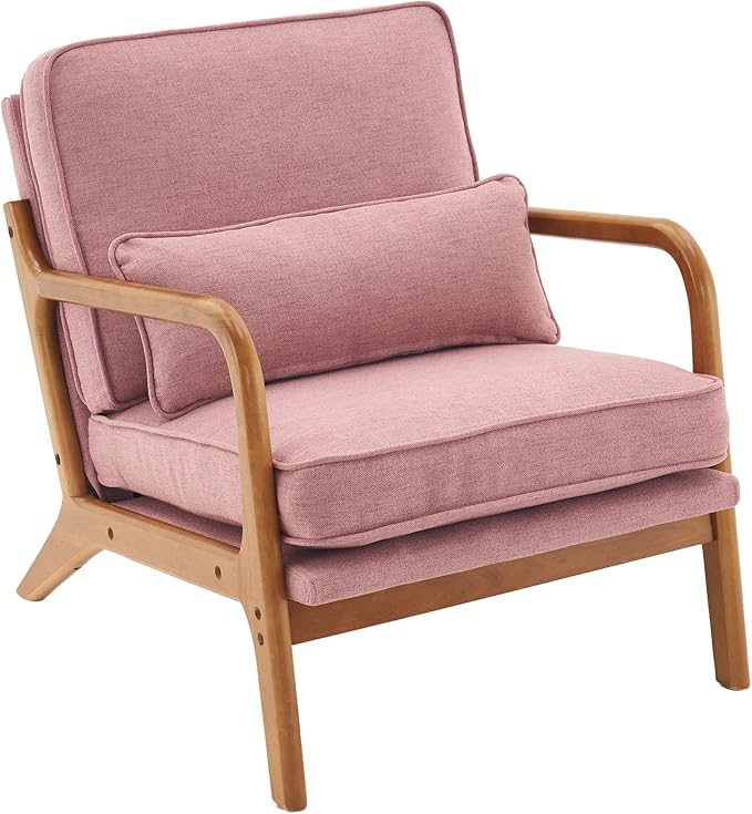 Bonnlo Pink Accent Chairs Set of 2 Upholstered Mid Century Modern Lounge Chairs Reading Chairs Side Sitting Chair Solid Wood Farmhouse Armchairs for Living Room Bedroom Guest Room