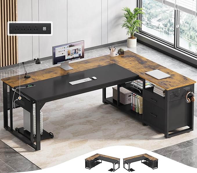 71 in Executive Desk with Power Outlets Reversible L Shaped Desk with File Drawers &amp Storage Shelves Large Office Desk Computer Desk with Pegboard Mobile CPU Stand Modern Corner Desk