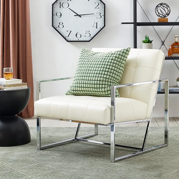 Glitzhome Mid Century Modern Accent Chairs Set of 2 Modern Living Room Chairs with Durable Metal FramePU Leather Cushioned Reading Armchairs for Living Room Bedroom Home Office Off White