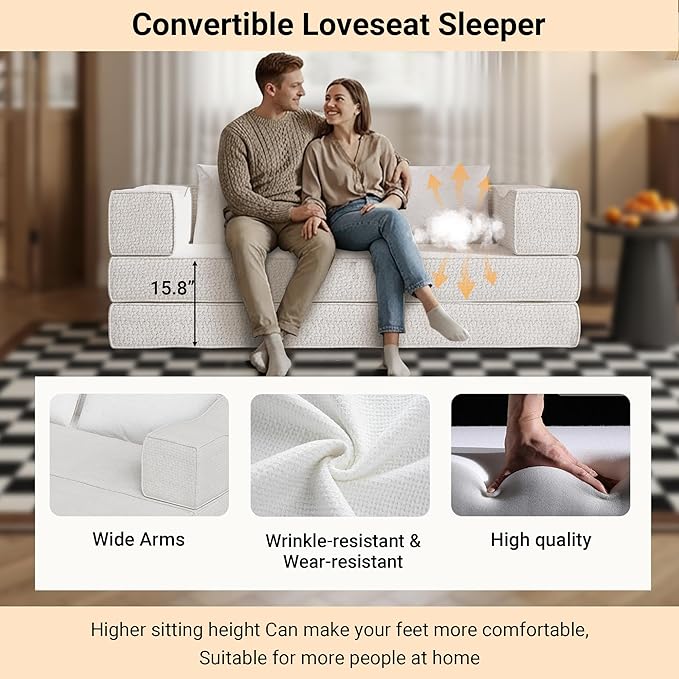 80 Foldable Chenille Futon Sofa Bed 4-in-1 Convertible Couch with 2 Pillows King-Size Floor Lounger for Living Room Guest Room Dorm - No Assembly (Beige 80in)