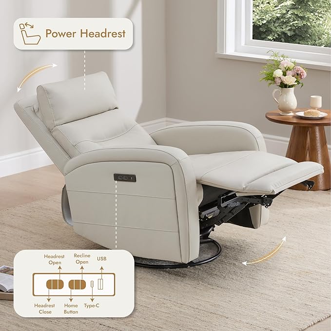 Watson &amp Whitely Swivel Recliner with Power Headrest Recliner Chairs for Adults Small Glider Rocker for Living Room Faux Leather in Cream