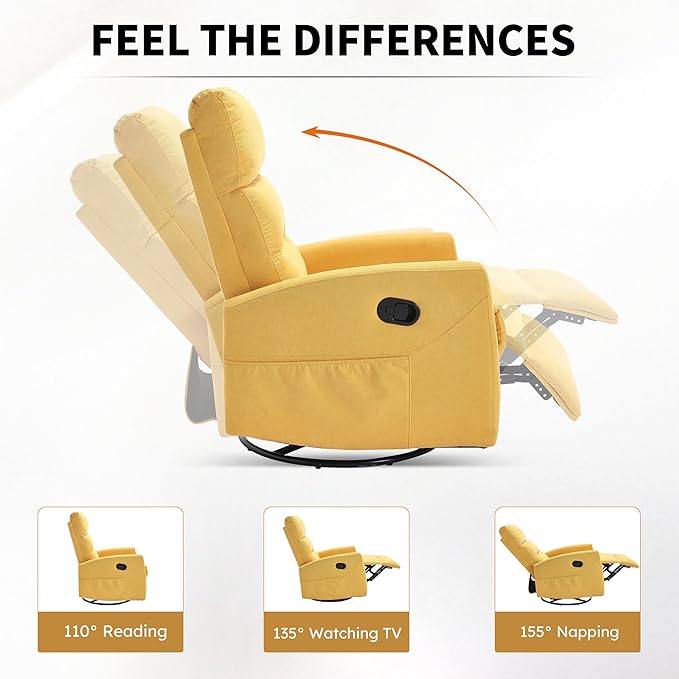 360° Swivel Rocking Chair for Nursery Manual Glider Chair Nursing Chair with Side Pockets Polyester Glider for Living Room Heavy Duty Motion Mechanism Yellow