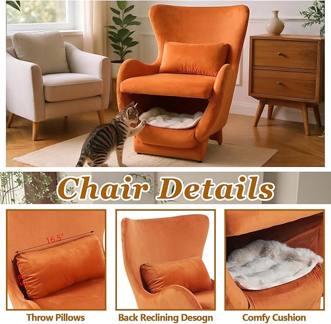Orange Accent Chair with Curved Arms Velvet Upholstered Wingback Chair with Lumbar Pillow Comfy Reading Chair with Cat House for Bedroom Living Room 300 LBS Capacity (B)