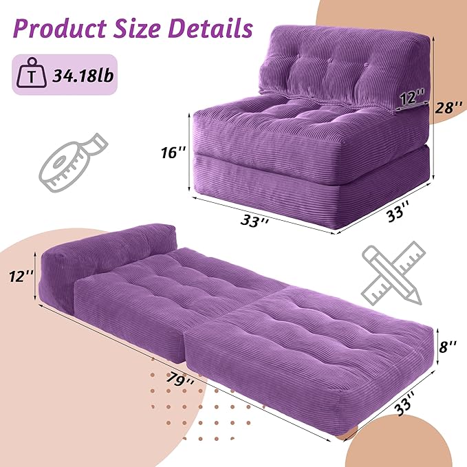 HABUTWAY Folding Sofa Bed Convertible Sleeper Chair Bed with Pillow &amp Handle Foldable Mattress with Back Support Portable Single Couch Comfy Floor Sofa Lounge for Living Room Bedroom(Dark Purp