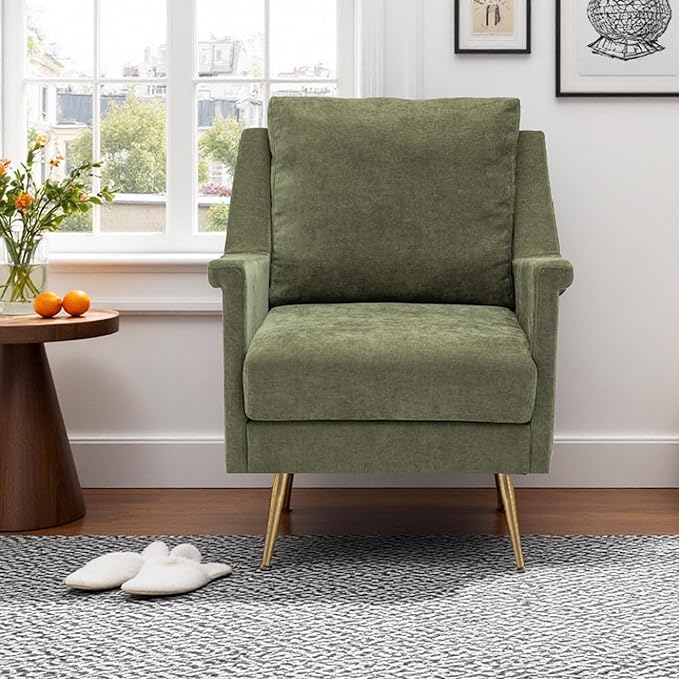 Accent Chair Mid Century Modern Living Room Chairs with Gold Metal Legs Green Wingback Arm Chairs for Bedroom Fabric