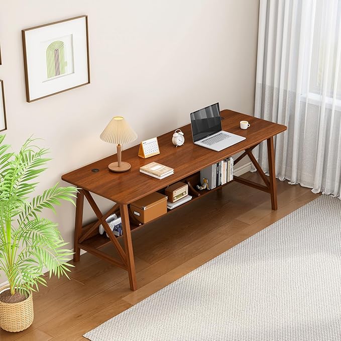 Extra Long Desk with Bookshelf - Wooden Home Office Work Study Table Writing Computer Workstation with Storage Shelf in Walnut 55 Wx20 Dx30 H