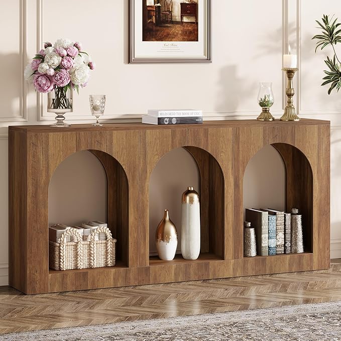 Tribesigns 70.9 Console Table with Storage Wood Entryway Entry Table with 3 Arched Shelves for Foyer Hallway Living Room Behind Couch Sofa Narrow Long Brown