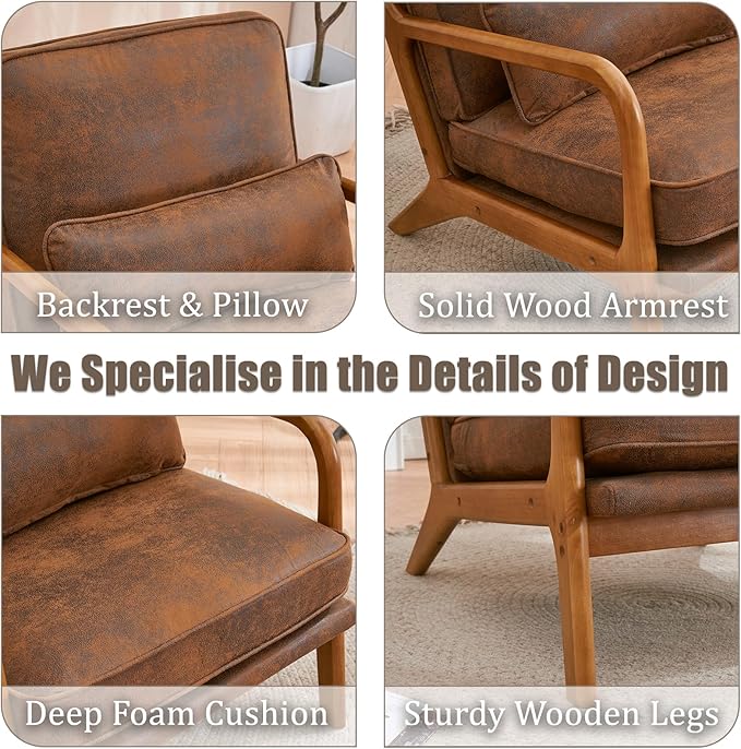 Mid Century Modern Accent Chair with Wood Frame Upholstered Lounge Bronzing Cloth Armchair Comfy Reading Leisure Chair with Cushion for Living Room Bedroom Balcony (Brown Set of 2)