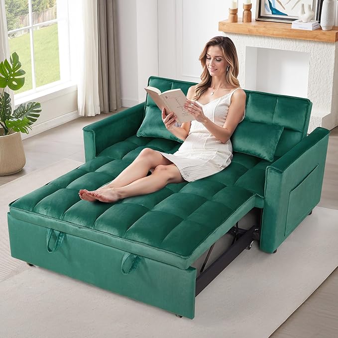 3 in 1 Pull Out Couch Bed Convertible Futon Sofa Bed Velvet Sleeper Loveseat for Small Living Room Adjustable Backrest Comfy Pillows Side Pocket (Green)