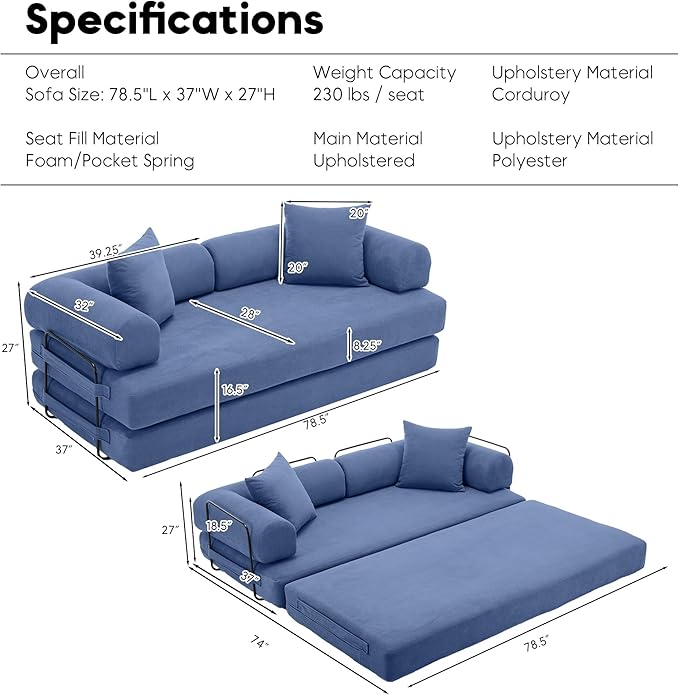 Convertible Sleeper Sofa Bed with Fixed-Shape Frame Floor Sofa Lounge Couch with Cylindrical Pillow Corduroy Folding Mattress Couch for Living Room Bedroom Navy Blue