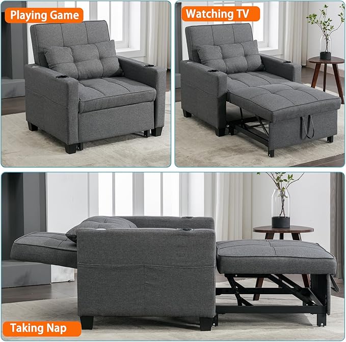 Modern Convertible Sleeper Sofa Bed 3-in-1 Adjustable Futon Couch with Storage &amp Removable Armrests for Apartment Studio Office Small Spaces (Grey)