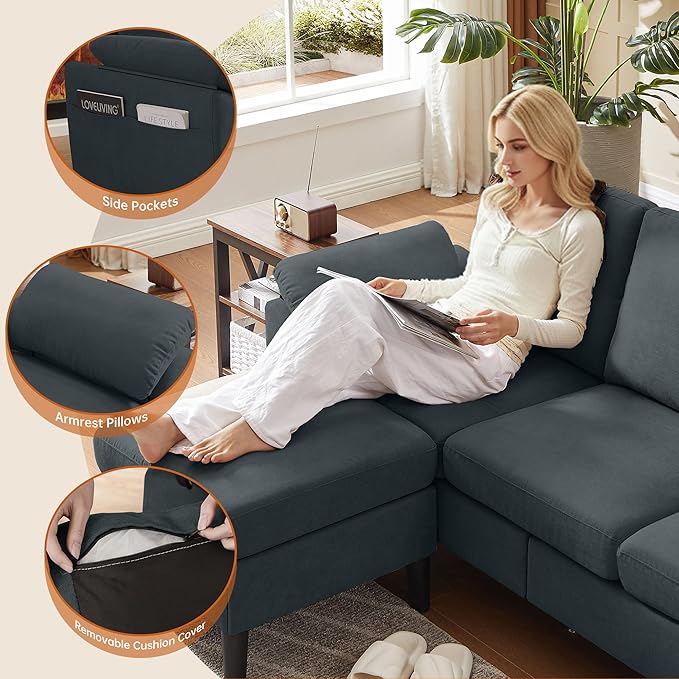 Convertible Sectional Sofa Modern L Shaped 3-seat Sofa 79 Linen Fabric Small Sectional Couch with Movable Ottoman Couch for Small Spaces Living Room (Dark Grey)