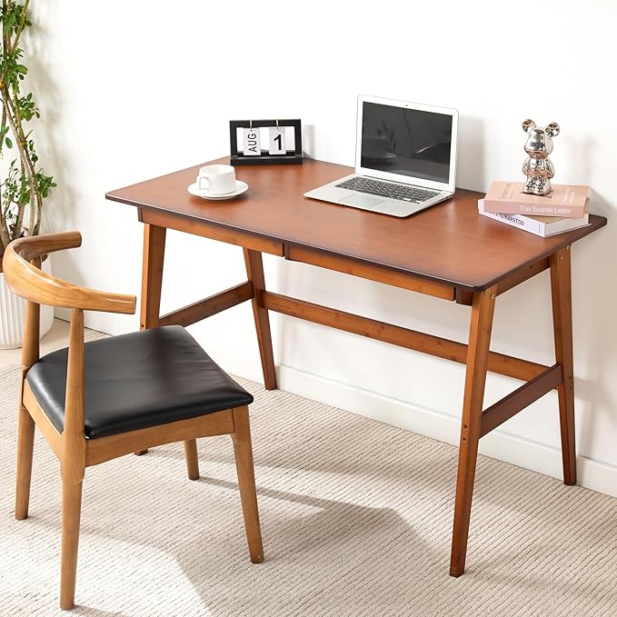 Nnewvante Desk Bamboo Table with 2 Drawers Simple Modern Furniture for Home Office Computer Writing Study Makeup &amp Workstation (46''-Brown)