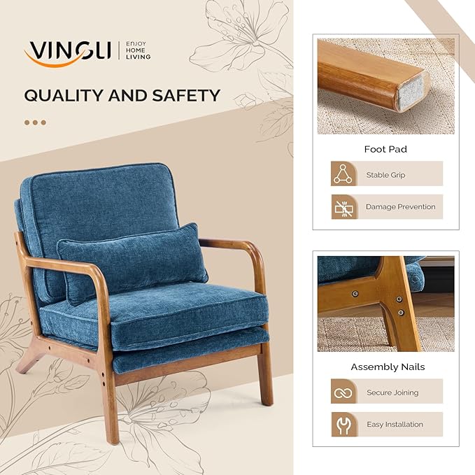 VINGLI Chenille Mid-Century Modern Accent Chair Set of 2 Cute Reading Arm Chair with Cushion &amp Lumbar Pillow &amp Solid Wood Frame for Lounge Living Room Reading Room Bedroom Blue
