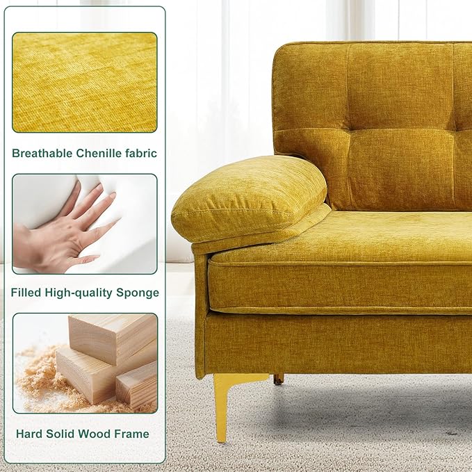 PARKOL 82in L Shaped Sectional Couches Small Lounge Sofa Home Sectional Couches for Living Room Set Clearance Set Couch for Small Space Apartment Yellow Chenille Fabric