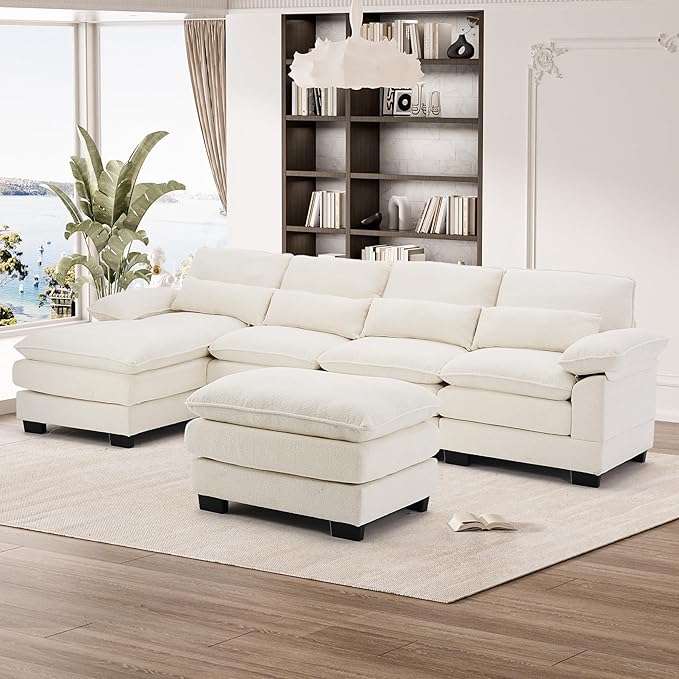 OUYESSIR 113 U Shape Sectional Cloud Couch with OttomanFluffy Sectional Couches for Living Room4 Seater Modular Sectionals SofaComfy Cloud Sofas &amp Couches with 4 PillowsBeige White