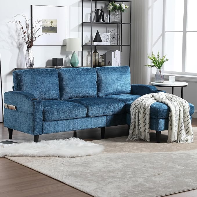 3 Seater Sectional Couch L Shaped Modular Couch with Solid Wood Frame Small Sofa with Storage Ottoman &amp Cup Holder &amp Side Pocket for Apartment Game Room Dormitory Room (Blue)