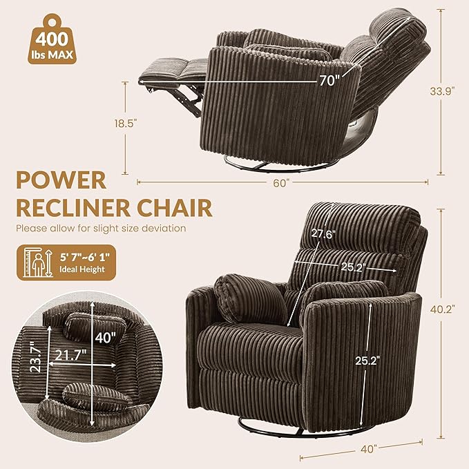 GRAINELL Oversize Power Swivel Recliner 40in Wide Electric Glider Rocking Chair with Headrest Adjustment USB Port 270° Swivel Rock 30°– for Living Room Nursery Golden Brown(57' to 61' Height)