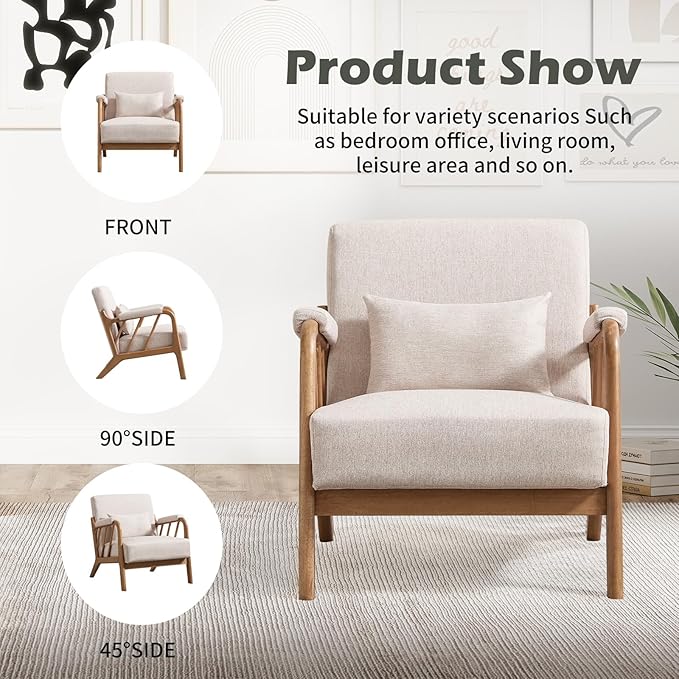 INZOY Accent Chairs Set of 2 Mid Century Modern Accent Chair with Wood Frame Upholstered Reading Armchair with Soft Linen Fabric Accent Chair for Living Room Bedroom Apartment Easy Assembly Beige