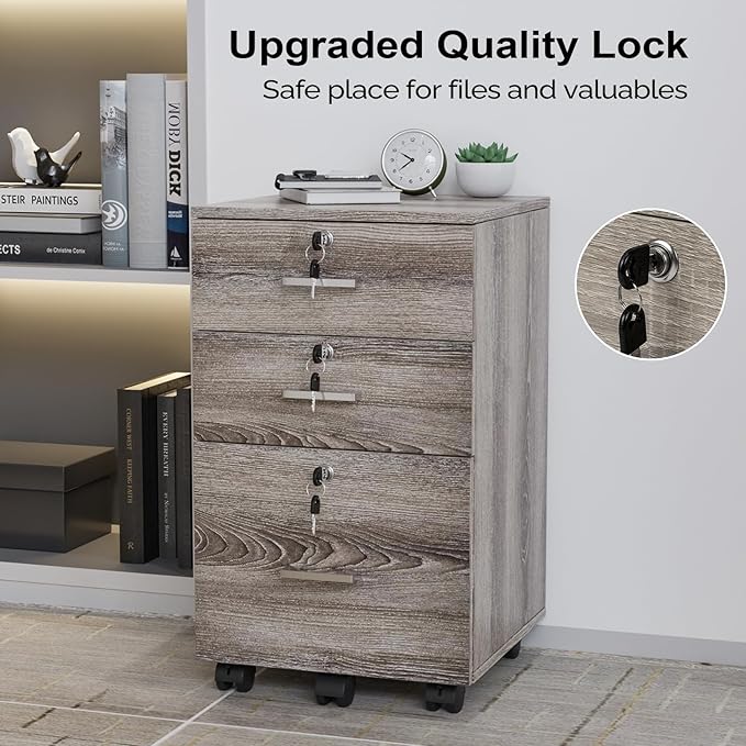 VINGLI 3-Drawer File Cabinet with Lock Wood Rolling Filing Cabinets for Home Office Mobile Printer Stand Under Desk File Organizer for Letter Sized Files 26 H(Caster Included)Gray Oak