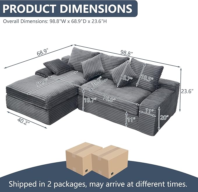 KIVENJAJA 98.8'' Small L-Shaped Sectional Couch with Chaise Fluffy Corduroy Cloud Couches Compression Boneless Sofa for Home Living Room Apartment Office No Assembly Required Grey