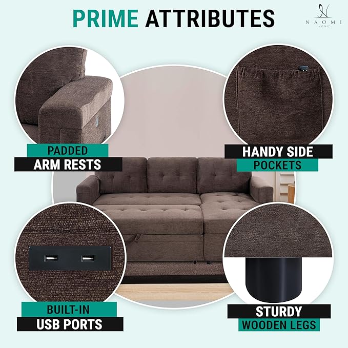 Naomi Home L-Shaped Sectional Sleeper Sofa with USB Ports - Convertible Pull-Out Bed Ample Storage Timeless Design Durable Construction Espresso/Microfiber