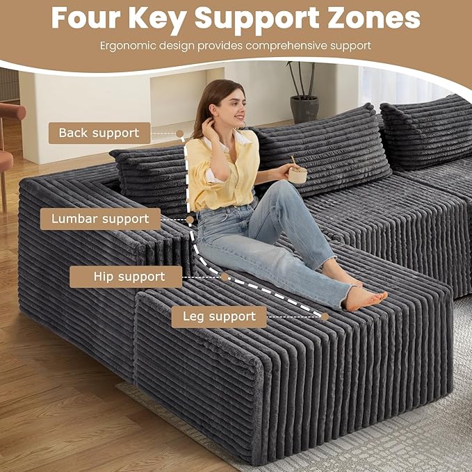 104 Inch Cloud Couch SectionalCorduroy Boneless Couches for Living RoomL-Shaped Modular Sectional Sofa with Removable Ottoman and Deep SeatNo Assembly RequiredGrey