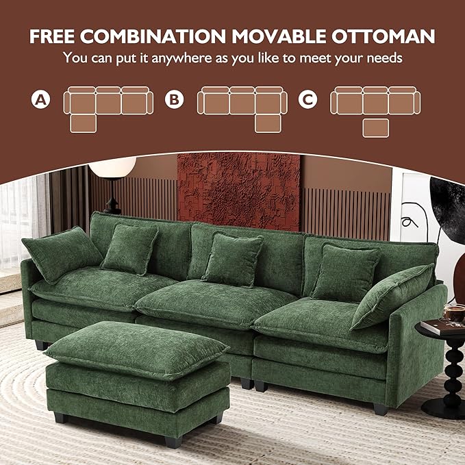 Ihanherry 111.4 L Shaped Modern Sofa Modular Sectional Cloud Couch with Ottoman 4-Seat Chenille Deep Seat Sofa with Pillow for Living Room Bedroom and Apartment Green