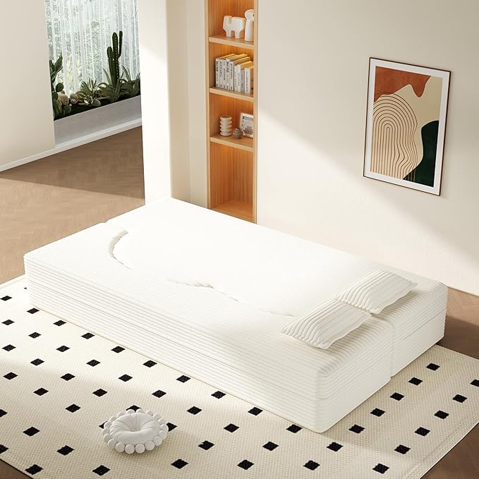 2 in 1 Convertible Compressed Sofa Bed 49'' Modern Boneless Single Sleeper in a Box Floor Mattress Futon Loveseat Couch No Assembly Needed Space Saving Beige Twin 2 Pillows for Living Room